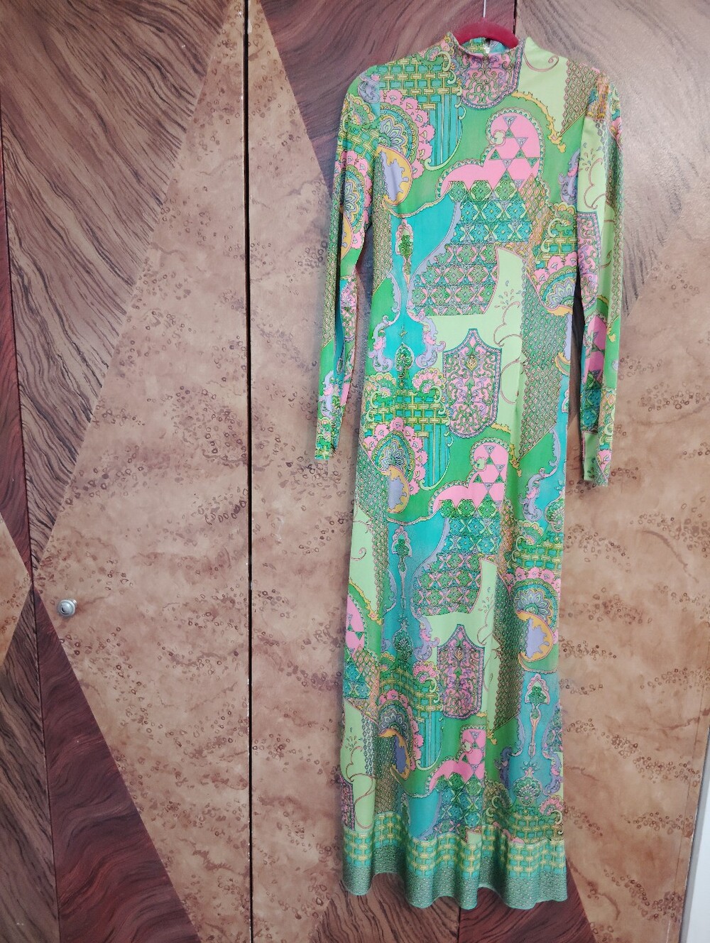 Neon Green Paisley Long Sleeve Maxi Dress with Pink Accents - Picture 2 of 4
